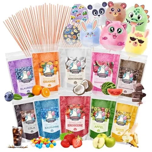 CANDY LAMA Zuckerwatte Zucker Set | 10 x 250g | Vegan - Zuckerwatte – Zubereitungsausrüstung mit 10 einzigartigen Geschmacksrichtungen, 100% vegan und allergenfrei, ideal für jede Zuckerwattemaschine und perfekte für Partys und besondere Anlässe.