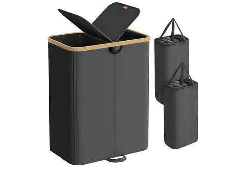 SONGMICS Wäschekorb, 2 Fächer,150 Liter,Deckel,herausnehmbarer Wäschesack,schwarz-beige
