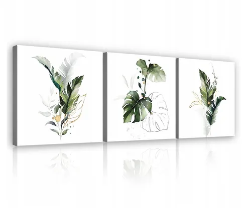 Wallarena Leinwandbild Blätter Pflanzen Weiß Wandbild 3 Teile SET XXL Wandbilder Modern, Natur (SET 3 teilig, 3 St), Bilder Wohnzimmer Schlafzimmer Küche Wandbild Leinwandbild Wand Deko