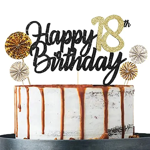 Tortendeko 18 Schwarzes Gold set Doppelseitiges Glitzerpapier Happy Birthday Cake Topper für Geburtstag Deko 18