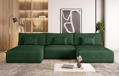 Sofa mit Schlaffunktion und Bettkasten - Modular Wohnlandschaft U-Form - MODULO U - Bequem Schlafsofa - Big Sofa mit Kopfkissen - Modern Couch 315x152x80 cm - Grün - Poso 14 - MODERNO