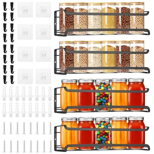Vuxava Gewürzregal Ohne Bohren – Gewürzregal Wand 4er Set, Gewürz Organizer aus Metall, Küchenregal Gewürze Selbstklebend oder Schraubbar, Hängeregal für Küche & Küchen Aufbewahrung