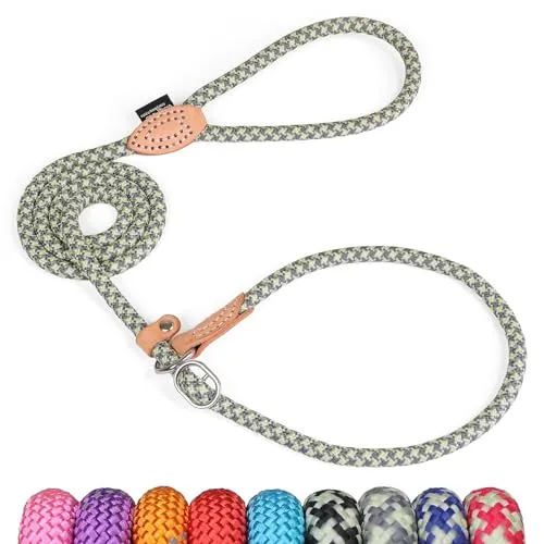 Grand Line Retrieverleine mit Zugstopp, 150 cm Moxonleine Reflektierende Hundeleine, Sicher Dauerhafte Trainingsleine Moxonleine für Kleine Mittlere und Große Hunde - 6mm, Grau-Grün