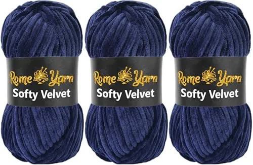 Rome Yarn Softy Velvet Wolle 100g - 120m | Samtgarn Chunky Chenillewolle Babywolle Amigurumi Super Bulky Garn zum Häkeln und Strickwolle (3 Knäuel, 917 Marineblau)