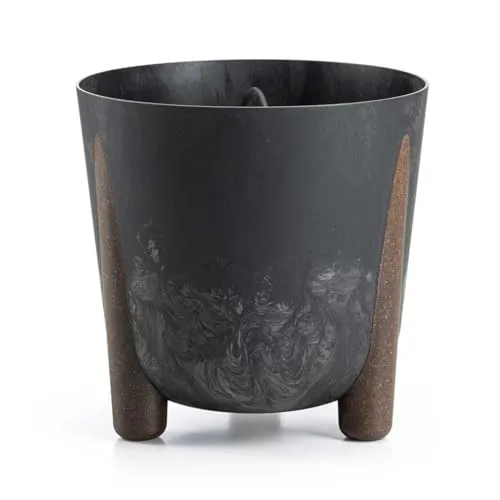 HowHomely Schwarz Blumentopf Kunststoff mit Braunen Füßen | ECO Pflanzschalen Ø 25,5 x H 25,3 cm | Leichter und Stabiler Blumenübertopf für Indoor oder Balkon und Terrasse | Beton-Optik Übertopf