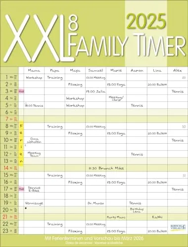 Wandkalender 2025 XXL Family Timer 8: Familienplaner mit 8 breiten Spalten. Hochwertiger Familienkalender mit Ferienterminen, extra Spalte, Vorschau bis März 2026 und nützlichen Zusatzinformationen.