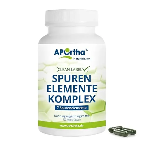 APOrtha® Spurenelemente-Komplex - 120 vegane Kapseln mit 7 Spurenelementen zur Grundversorgung Mangan, Kupfer, Jod, Selen, Molybdän, Zink und Chrom, Natürlicher Füllstoff Spirulina und Alfalfa