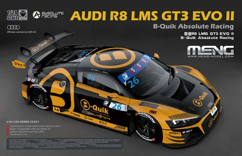 Meng-Model AUDI R8 LMS GT3 EVO II B-Quik Absolute Racing - Detailgetreues Modellauto des AUDI R8 LMS GT3 EVO II, ideal für Sammler und Motorsport-Fans, bringt Rennsport-Atmosphäre ins Wohnzimmer.