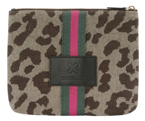 Codello Kosmetiktasche im Leo-Design - Stylische Kosmetiktasche (23 x 18 x 2 cm) aus robustem Baumwoll-Canvas, ideal für Beauty-Utensilien oder als Mini-Clutch. Mit Zipper-Verschluss und edlem Leder-Patch.