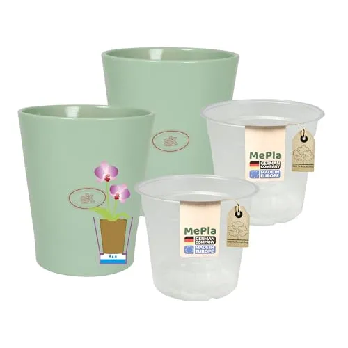 MePla - 2 Stück - SK Soendgen Orchideenübertopf Merina ø 14 Selando grün + Pflanztopf Orchidee ø 12, hochwertiges Wohnambiente