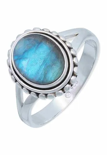 mantraroma Ring Damen Silber 925 Labradorit Edelstein blau schlicht groß modern