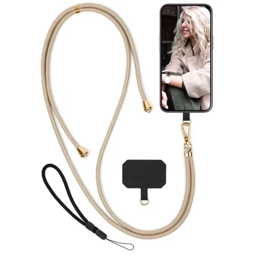 moex Unleash für iPhone 16 Pro Handyband zum Umhängen ohne Hülle, Handykette Universal mit Karabiner, Handy Band abnehmbar, Kette mit Pad für Handyhülle, Beige, Gold