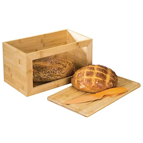 mDesign Brotkasten aus Holz mit Schneidebrett - Praktische Brotbox aus Holz mit Sichtfenster und Schneidebrett als Deckel. Ideal für eine stilvolle und umweltbewusste Aufbewahrung von Brot und Gebäck.