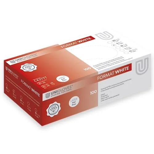 UNIGLOVES - Passgenaue Format® Weiß Einweghandschuhe Nitril | Lebensmittelecht, puderfrei & latexfrei | hohe Festigkeit & Haltbarkeit | 100 Stück | S