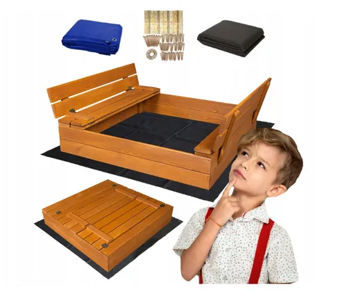 Sandkasten Imprägniert_ Sandbox mit Sitzbänken Deckel Sandkastenvlies 100x100 cm