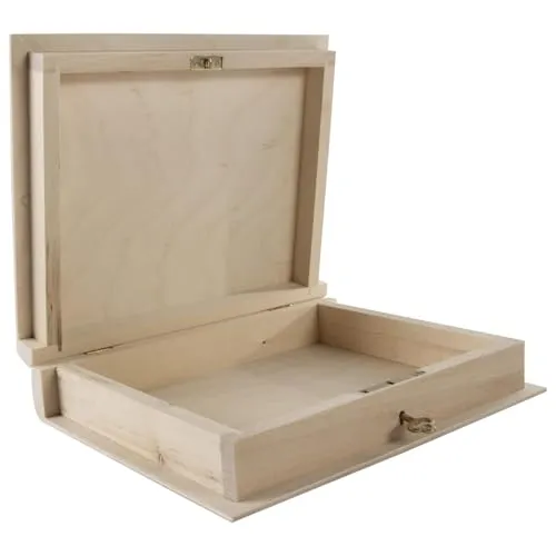 Abschließbare Holzbox in Buchform, dekoratives Bücherregal, Zubehörhalter, versteckte Abdeckung, 21 x 17 x 4,5 cm | Erinnerungsschmuck mit Scharnier | unlackierte & unlackierte Kiefer