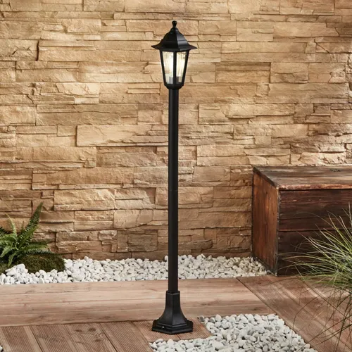 Lindby Pollerleuchte Nane, dimmbar - Lampen im nostalgischen Laternen-Design, ideal für historische Gebäude. Seewasserfest, mit klarem Glas und dimmbarer E27 Fassung für individuelle Lichtgestaltung.