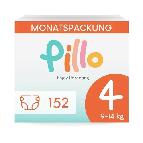 Pillo Windeln 4 - Karton mit 152 Windeln, 4 Packungen mit 38 Windeln Größe 4 - Maxi (9-14 kg) - Windel Baby Diapers