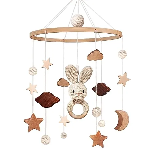 Mobile Baby Holz Mobile Babybett Bettglocke Windspiel baby mit Wolken Sterne Abnehmbar Häkelnadel Kaninchen Baby Mobile Spielzeug, Babyzimmer Dekoration Geschenk für Mädchen Jungen