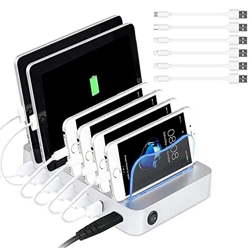 PRITEK USB Ladestation für mehrere Geräte 50W/10A 6 Ports Organizer Ladestation mit kurzen USB Kabeln für Mobiltelefon Tablet Tablet Kopfhörer MP4 und andere USB-fähige Geräte (Silber)