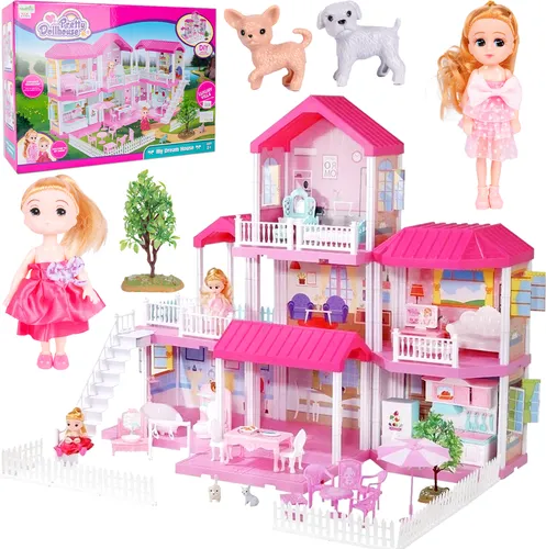 MalPlay Kinderpuppenhaus Rosa, Puppenhaus Villa für Mädchen, Prinzessinnenresidenz für Kinder ab 3 Jahren, Puppenhunde und anderes Zubehör