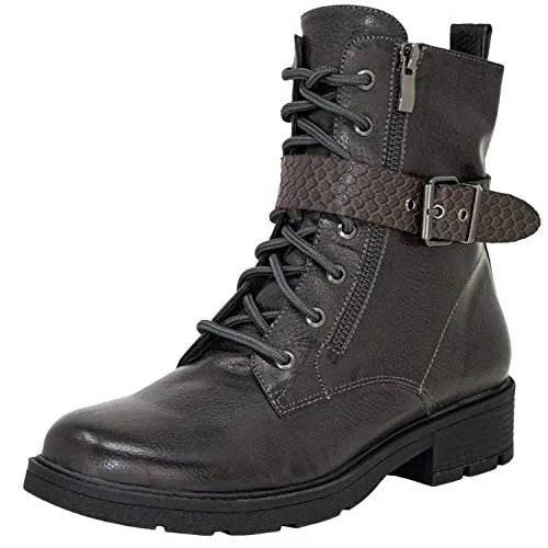 Fitters Footwear That Fits Damen Stiefelette Amalia – Graue Bikerstiefelette mit Schnalle - Stylische Bikerstiefelette für Damen in Übergröße, mit praktischen Reißverschluss und komfortablem Blockabsatz für den Alltag.