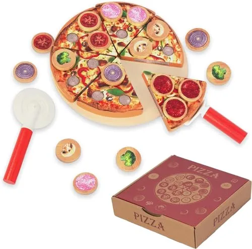 Pizza Set Holz für Kinderküche - Spielzeug-Lebensmittel aus 100% ungiftigem Holz, mit 4 hölzernen Pizzascheiben und 12 Toppings. Fördert kreatives Rollenspiel und Hand-Augen-Koordination bei Kindern von 2-5 Jahren.