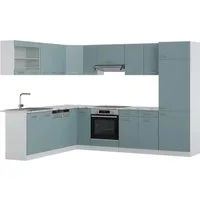 Vicco Eckküche R-Line Solid in Weiß Blau Grau 287x227 cm - Moderne L-Form Küchenzeile, individuell umstellbar und erweiterbar, ideal für jeden Haushalt.