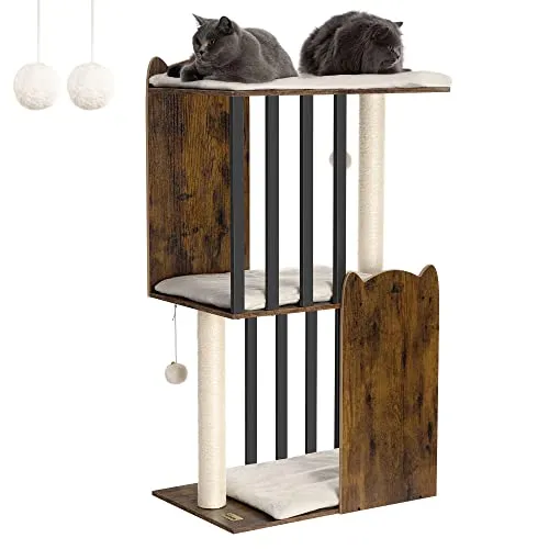 FourFurPets 3-stufiger moderner Kratzbaum, 111 cm hoch, Katzenbaum, mit 2 Voll Sisal Kratzsäulen, 3 Große Plattformen, Vintagebraun