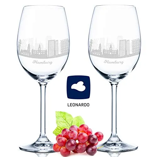 GRAVURZEILE Rotweinglas Leonardo mit Hamburg Skyline - Hochwertiges Weinglas-Set mit 360° Gravur der Hamburg Skyline, perfekt als Souvenir oder Geschenk für Weinliebhaber. Ideal für Rotwein, Weißwein und mehr.