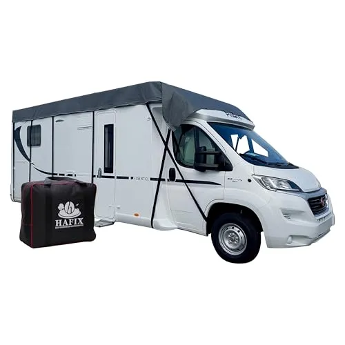 HAFIX Wohnwagen Schutzhülle - Wetterfeste 3-lagige Halbgarage in Grau, Größe 750x300cm, 155g/m² - Wohnwagen Schutz Abdeckung & Abdeckplane für Winter - Effektiver Hagelschutz für Wohnwagen Schutzdach.