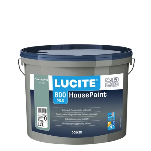LUCITE House-Paint 12L Universal Fassadenfarbe, weiss, seidenmatt - Lacke für langlebigen Schutz und ansprechende Optik, ideal für Außenwände mit seidenmattem Finish und hoher Ergiebigkeit von 7-10 m² pro Liter.