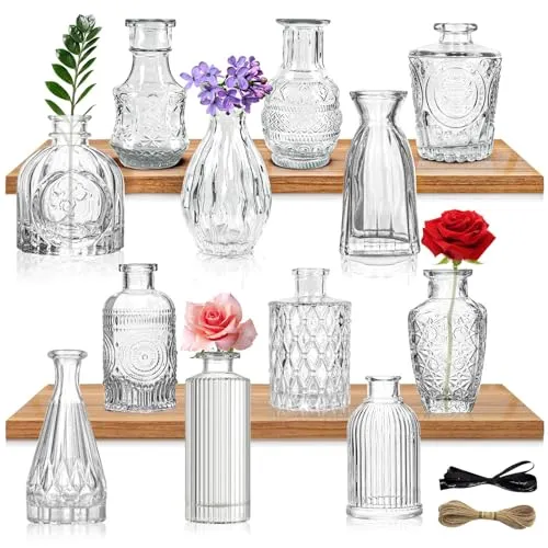 YUTUY Kleine Glasvase Set, 12 St., Vintage Deko, Mini Vasen, Tischvase, Blumenvase, Rund, Transparent, für Tischdeko, Hochzeitsdekorationen, Zuhause, Cafés, Gärten, Diffusor, frische/künstliche Blumen