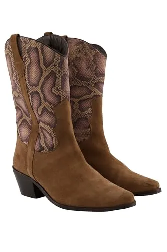 Ulla Popken Damen Übergrößen Leder-Western-Stiefeletten, Weite H, Beige - Elegante Veloursleder-Stiefeletten mit Snake-Einsatz. Ideal für großen Komfort dank anatomisch geformtem Wechselfußbett und flexibler Gummisohle. Perfekt für stilvolle Outfits in großen Größen! 