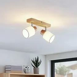 Lindby Strahler Wanessa - Moderne 2-flammige Deckenlampe aus Holz und Stoff - Moderner Strahler für jeden Raum, aus hellem Holz und hochwertigem Stoff, perfekt für ein gemütliches Ambiente im Schlafzimmer, Wohnzimmer oder Flur.