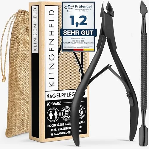 KLINGENHELD® Präzise Nagelhautzange inkl. 1 Nagelhautschieber - Sehr leichtgängig & extra scharf - inkl. Reise-Etui aus Baumwolle 100% plastikfrei & nachhaltig - Nagelhautschere, Nagelhautschneider