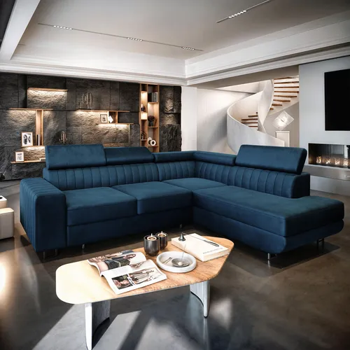 Masseno Ecksofa NOLA R-S mit Schlaffunktion, L-Form, Blau - Sofa mit Bettkasten und Schlaffunktion, ideal für kleine Räume. Praktischer Stauraum für Bettzeug und elegantes Design für unvergessliche Momente der Entspannung.