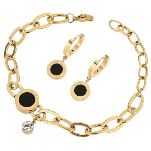 meberg Karma NH10336084 Schmuckset Damen Edelstahl Gold Armband und Ohrringe mit schwarzem Anhänger verstellbar Ohrhänger Set Modeschmuck Geschenk