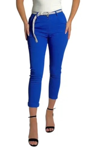 Mississhop Damen Baumwolle Klassische Chino Hose mit Gürtel (Mod. 369) - Damen-Hosen in Royalblau, elastisch und superbequem, ideal für Business und Freizeit, ergänzt durch einen schicken Stoffgürtel für einen eleganten Look.