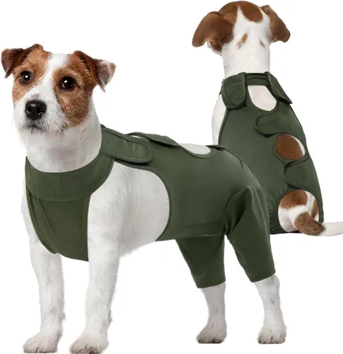Kuoser Hundeschenkel Schutz Bodysuit M, Grün - Praktischer Hunderehabilitationsanzug für optimale Erholung nach Eingriffen. Mit Klettverschluss für einfaches An- und Ausziehen, rutschfest und bequem für Hunde aller Größen.