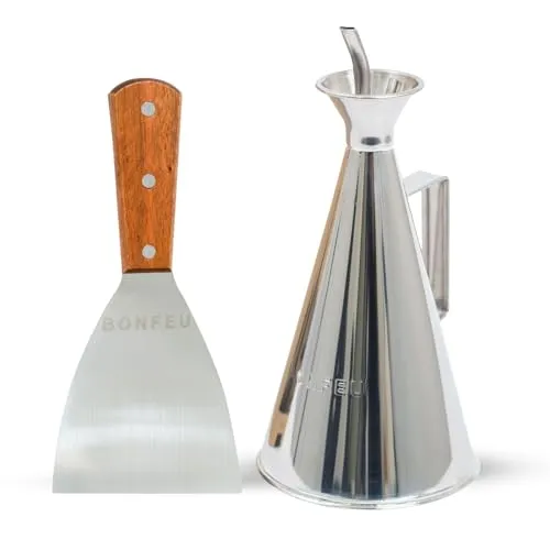 BonFeu Ölkanne und Grillspachtel Set - Ölflasche aus Edelstahl mit Holzgriff Grill Spachtel - Ölkanne Olivenöl - BBQ Grillzubehör Set
