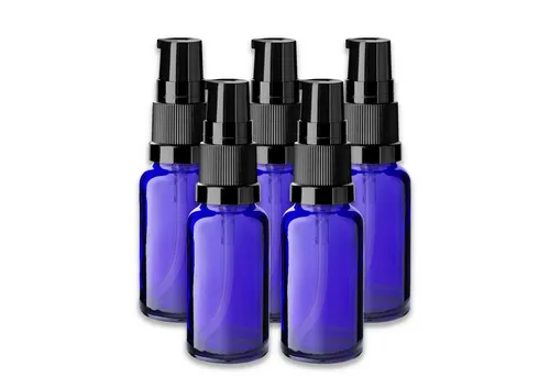 CK Verpackung GmbH Leerglas 5x Blaue Glasflasche 20 ml mit schwarzer Pumpe Dispenserpumpe leer (Set x5)