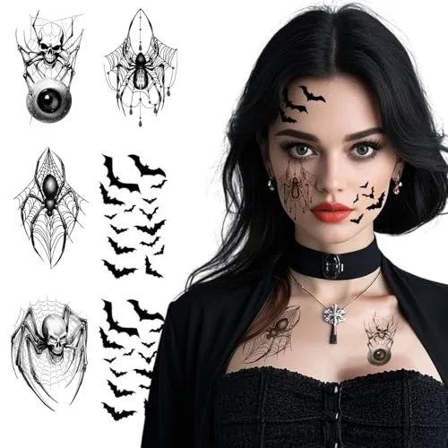 Spinnen Fledermaus Tattoo Gesicht, 6 Blatt große Größe Temporäre Tattoo Karneval 3D Realistisch Gesichtstattoo, Erwachsene Kinder Halloween Fasching Hexen Zubehör Masquerade Karneval Party