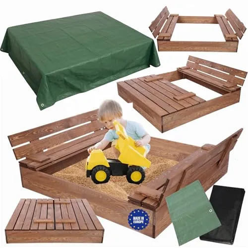 MODO24 Sandkasten mit Deckel und Sitzbänken, 120x117 cm, imprägniert, Holzspielzeug für Kinder