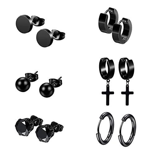 Fu You 6 Paare Set Edelstahl Kreuz Ohrringe für Herren Damen, Creolen Ohrringe Männer Schwarz, Ohrstecker Herren Schwarz, Ohrstecker Männer Diamant Ohrringe Schwarz Herren Damen Tunnel Piercing