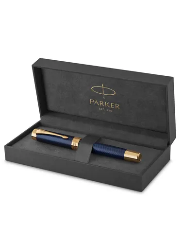 Parker Duofold Prestige Füller | Blue Chevron | Größe Centennial | Füllfederhalter mit mittlere Feder aus Massivgold | schwarze Tinte und Konverter | Geschenkbox