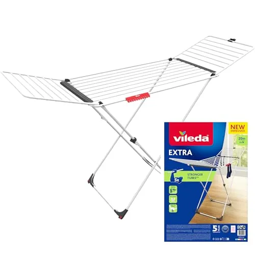 Vileda Extra Flügelwäscheständer - Wäscheständer mit 20m Trockenleinenlänge, ideal für 2 Waschladungen. Extradicke Trockenstäbe verhindern Knitterfalten, mobil mit Rollen für einfachen Transport.
