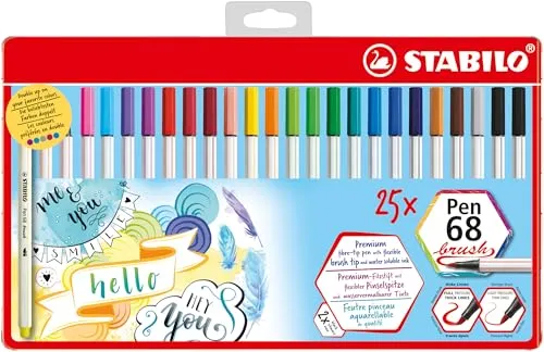 STABILO Pen 68 brush - 25er Metalletui mit Pinselspitze - Schreibutensilien mit flexibler Pinselspitze für variable Strichstärken. Ideal für DIY, Hand Lettering und kreative Techniken. Perfekt für Anfänger und Fortgeschrittene.