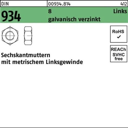 100er PACK(Stk)  000934081040060000 Sechskantmutter DIN 934 links M 6 -LH 8 galv