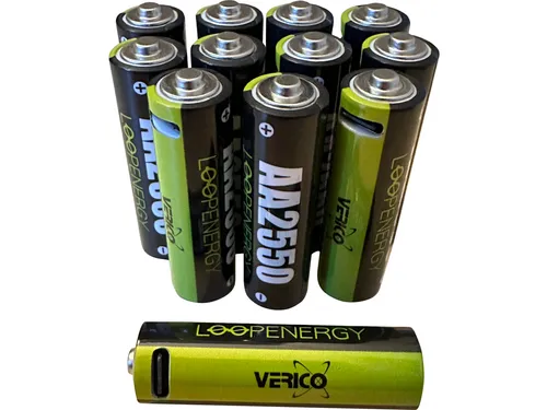 VERICO LoopEnergy AA 2550 - Wiederaufladbare USB-C Batterie - Akkus mit 2550mWh, umweltfreundlich und langlebig, ersetzt bis zu 1000 Alkaline-Batterien, inkl. 4er USB-Ladekabel für praktisches Laden.